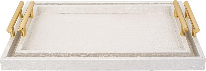 MACVAD Set of 2 Modern Elegant Large Wood Serving Tray, Rectangle Decorative Tray Ottoman Tay Coffee Table Tray, Pearl White Crocodile Leather with Gold Polished Metal Handles - Image 1